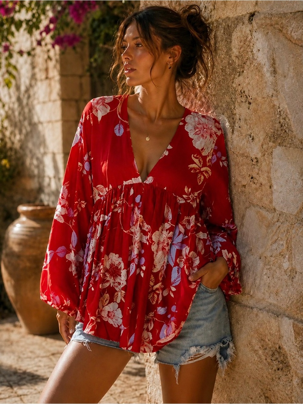 Free People Flower Power Mini Dress Tunic Red Floral V-Neck Boho Womens Medium